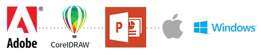 Logos: Adobe, PowerPoint, Swish, Mac, Windows.